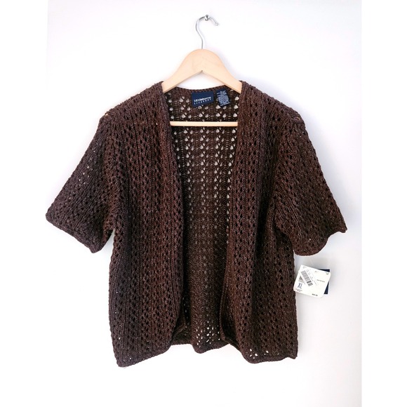 Liz Claiborne Sweaters - Liz Claiborne Cardigan Women XL Brown NEW Open Knit Crochet Short Sleeve Sweater